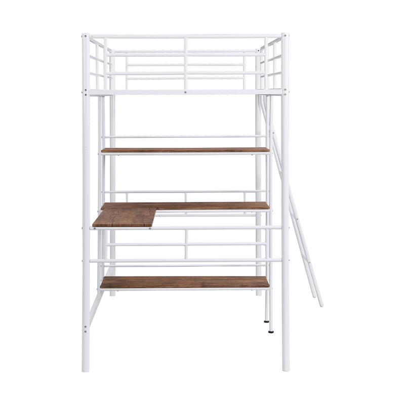 Roomfitters Twin Size Metal Loft Bed with Built-In Desk and Storage Shelves, White