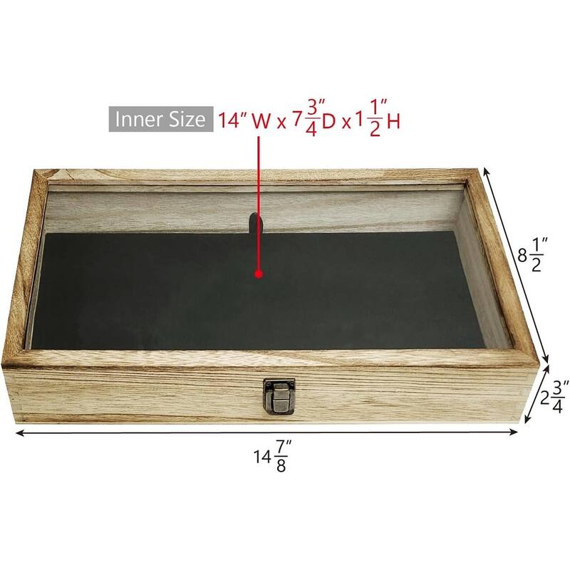 Wooden Jewelry Display Case with Tempered Glass Top & Black Velvet Pad Insert, Wooden Jewelry Tray for Collectibles - S