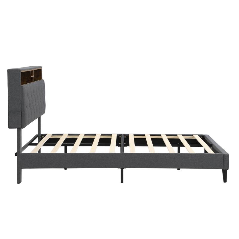King Size Upholstered Platform Bed Frame Button Tufted Linen Headboard USB Ports Charging Station Dark Grey
