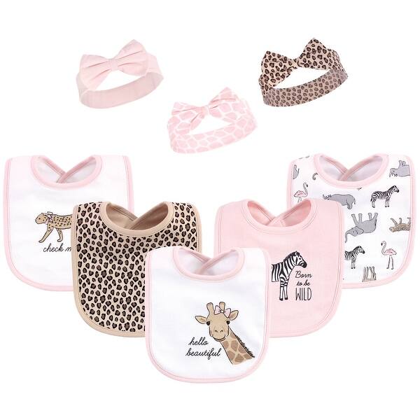 slide 1 of 1, Hudson Baby Infant Girl Cotton Bib and Headband or Caps Set 8pk, Leopard Safari, One Size - Leopard Safari - One Size One Size - Leopard Safari
