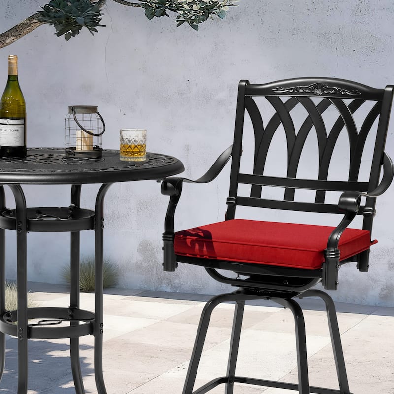 3PCS Cast Aluminum Outdoor Swivel Bar Set with Umbrella Hole, Olefin Cushions, Black and Red