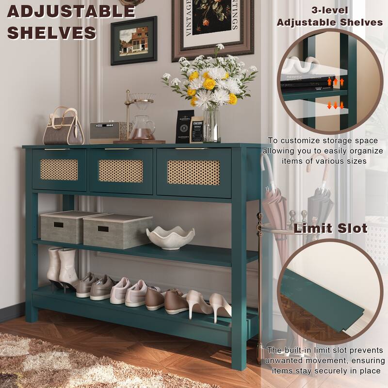 Anmytek Teal Rattan Entryway Console Table with 3 Drawers Adjustable Shelves Boho Chic Storage