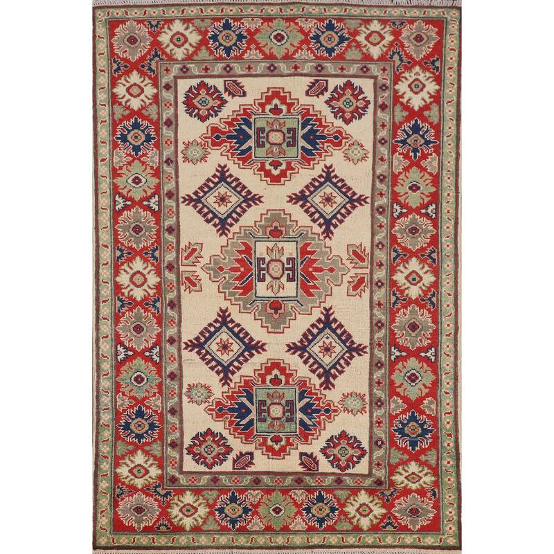 Beige / Ivory Kazak Area Rug Hand-Knotted Oriental Wool Carpet - 3'9" x 5'10"