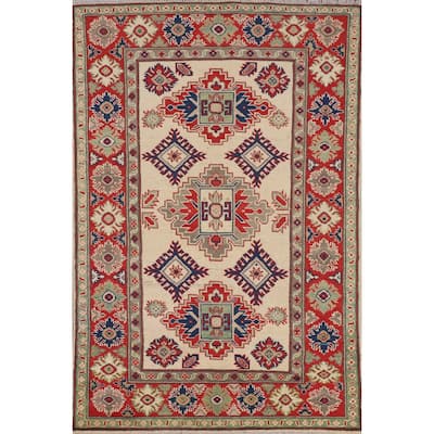 Beige / Ivory Kazak Area Rug Hand-Knotted Oriental Wool Carpet - 3'9" x 5'10"