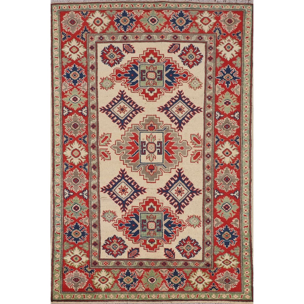 Beige / Ivory Kazak Area Rug Hand-Knotted Oriental Wool Carpet - 3'9" x 5'10"
