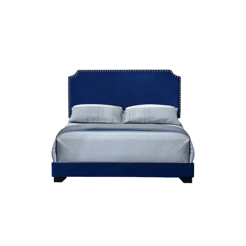 Blue Velvet Queen Bed with Nailhead Trim and Wooden Legs
