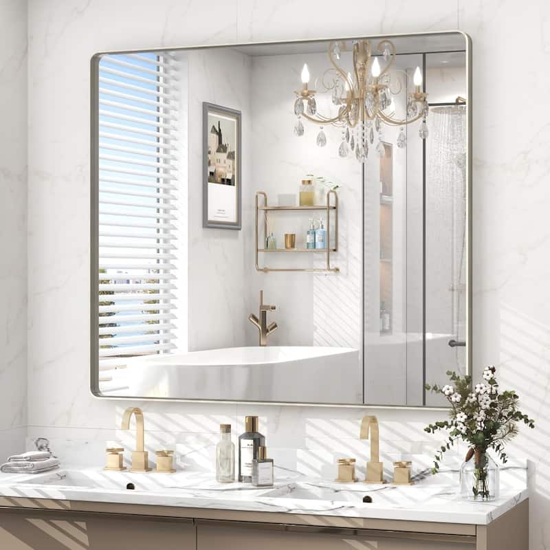Aluminum alloy Framed Tempered Glass Wall Bathroom Vanity Mirror - 40" x 36" - Silver