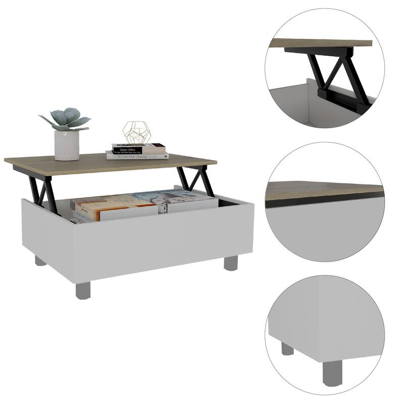 32" Oak White Wood Chic Modern Lift Top Coffee Table with Storage Drawer and Shelf for Living Room - 31.5”L x 21.4”W x 21.4”H