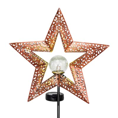 Exhart Solar Filigree Metal Star Stake with Glass Crackle Ball Center in Bronze, 11.5 by 32 Inches