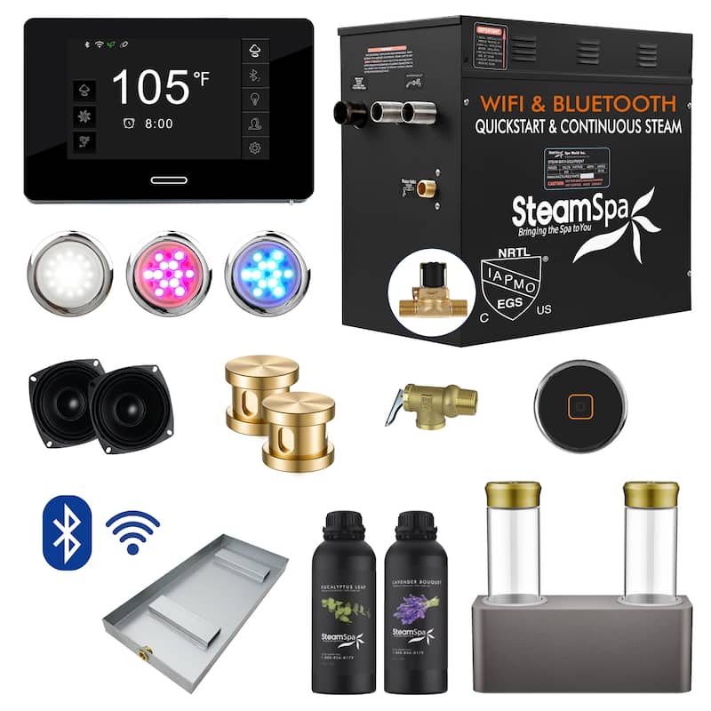 Black Series WiFi and Bluetooth 10.5kW QuickStart Steam Bath Generator Package with Dual Aroma Pump in Gold