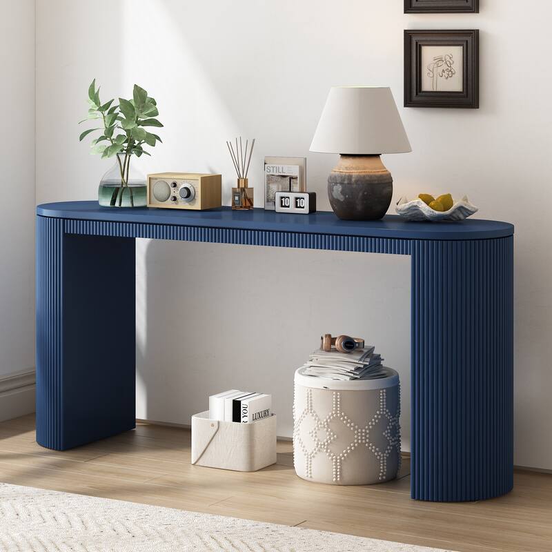 59.2" Modern Console Table with Vertical Striped Legs and Oval Desktop