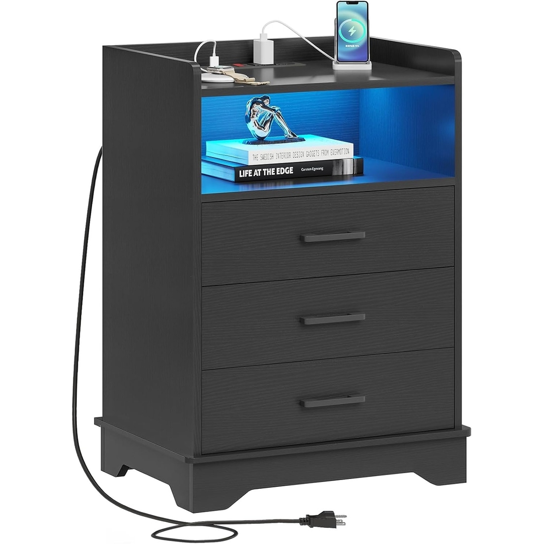 Modern Nightstand with Charging Station, LED Lights, 3 Drawers, and Open Storage, Black Bedside Table for Bedroom
