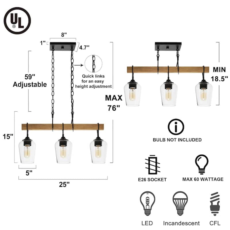 Zarbel Modern Farmhouse Glass Linear Chandelier Rustic 3-Light Black Metal Small Kitchen Island Lights - L25"x W 5"x H 76"