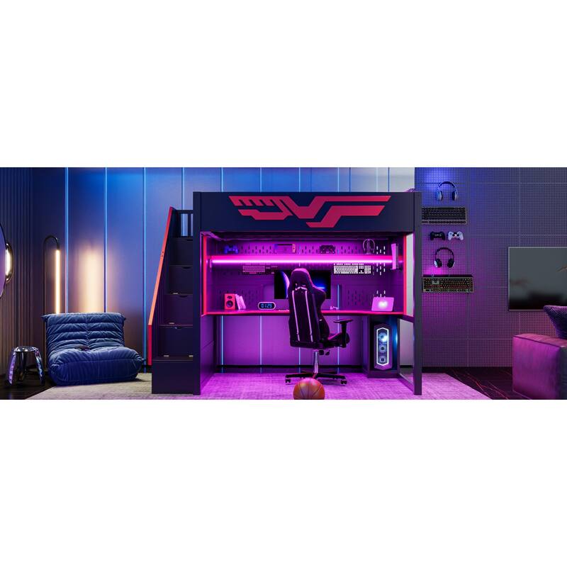 Roomfitters Full Size Gaming Loft Bed with Integrated Desk and Storage Stairs, Heavy Duty Metal Frame, Red and Black