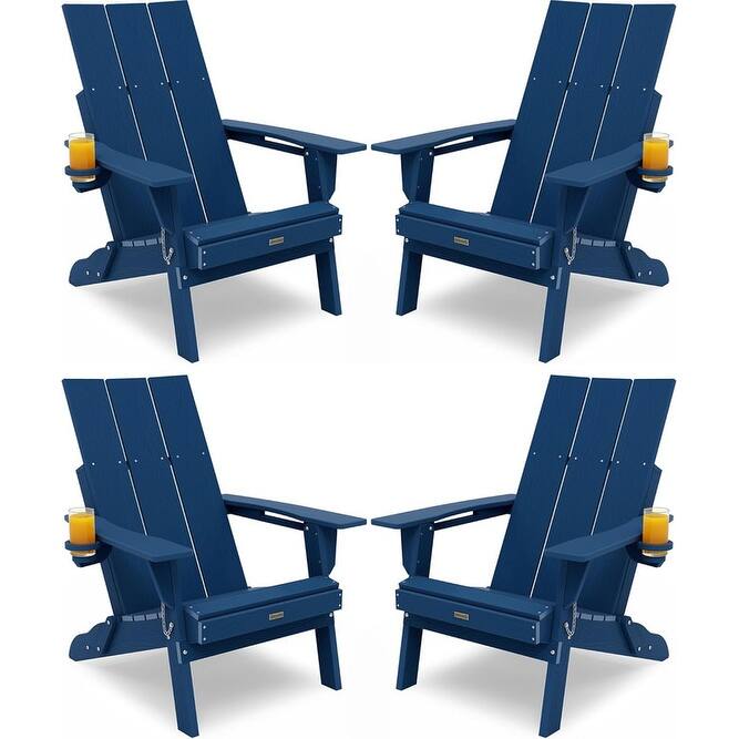 WINSOON Modern HDPE Outdoor Folding Adirondack Chair With Cup Holder Set Of 4 - Navy