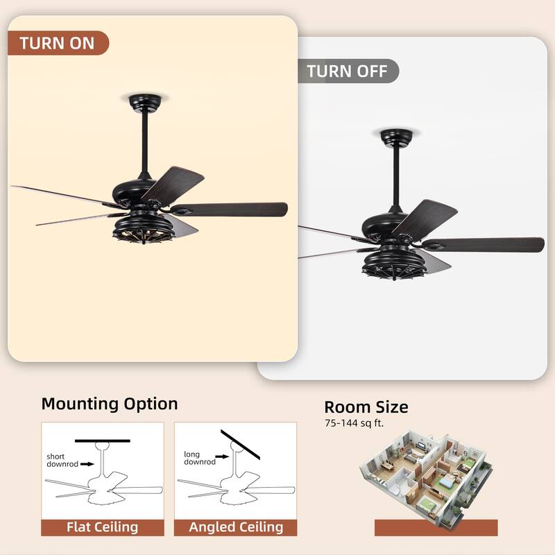52'' Farmhouse Ceiling Fan Dual Finish Blades Industrial Fandelier for Living room Bedroom Patio --Matte Black