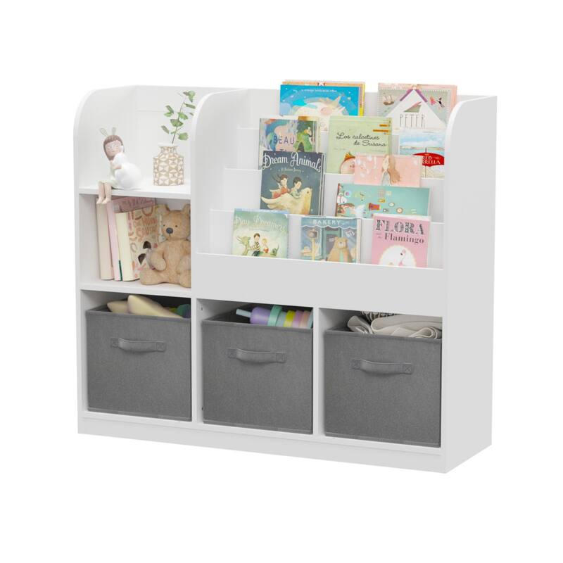 Kids Bookcase and Bookshelf, Multifunctional Bookcase with 3 Collapsible Fabric Drawers, Toy Storage Organizer