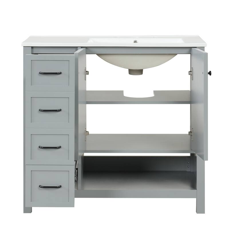 Freestanding Storage Cabinet Bathroom Vanity with Drop-In Sink, Ceramic Top, 2 Doors, 2 Drawers and Open Shelf