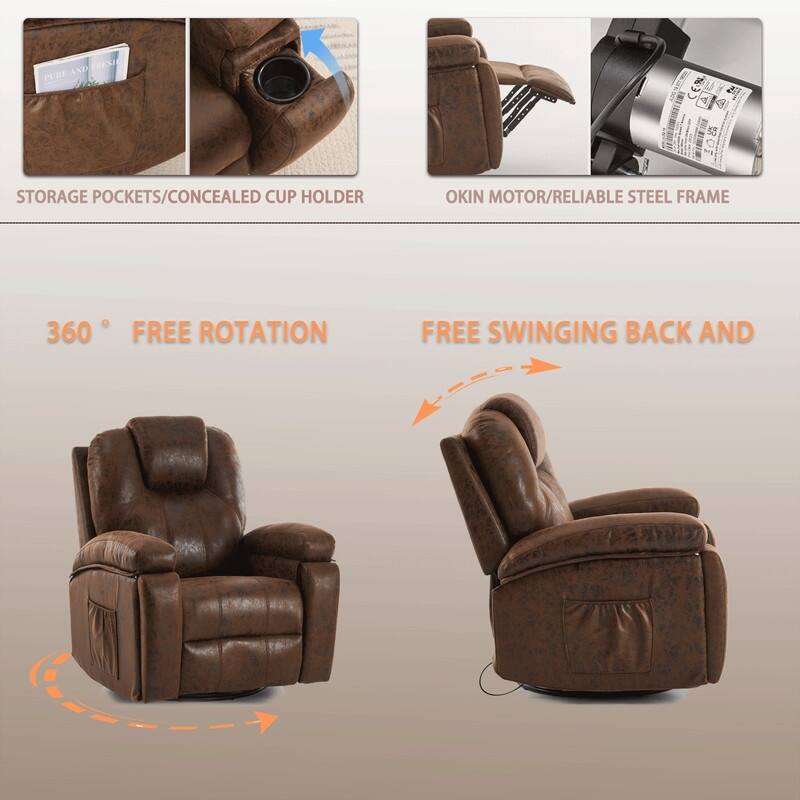 Oversize Swivel Recliner Sofa Chair with Cup Holder and Side Pocket