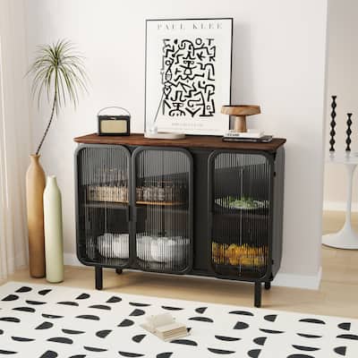 Modern Fir Wood & Iron Sideboard with Glass Doors