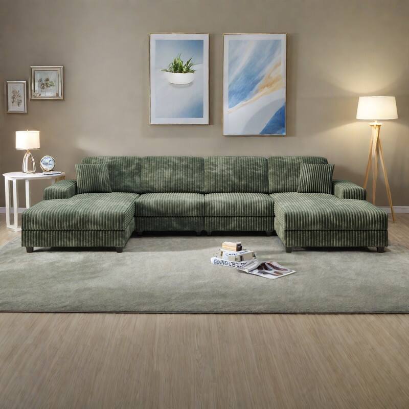 139.76" Corduroy U-Shape Sectional Sofa with Storage Armrests and Pocket Spring Cushions - Green