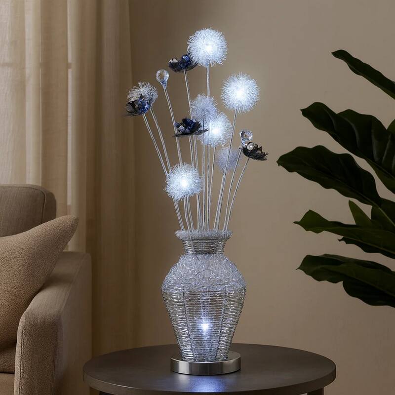 32 Inch Accent Table Lamp, Metal Flowers with Vase Design, Chrome Finish