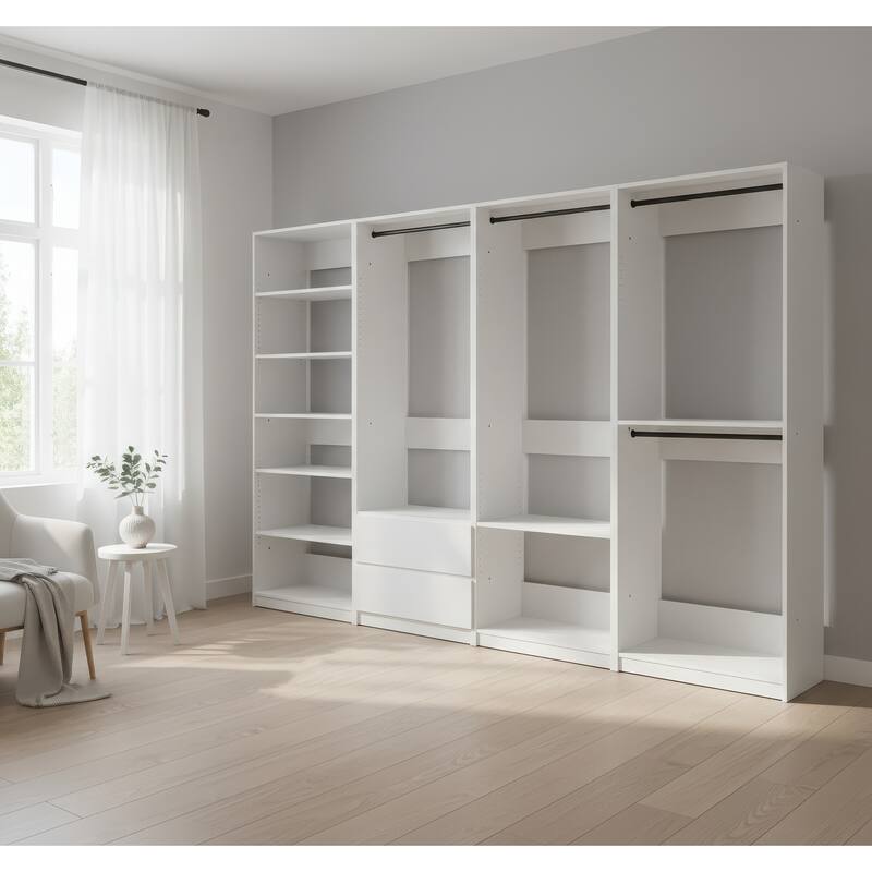 Prosper White Freestanding Walk in Wood Closet System - 125.6"W x 15.7"D x 83" H