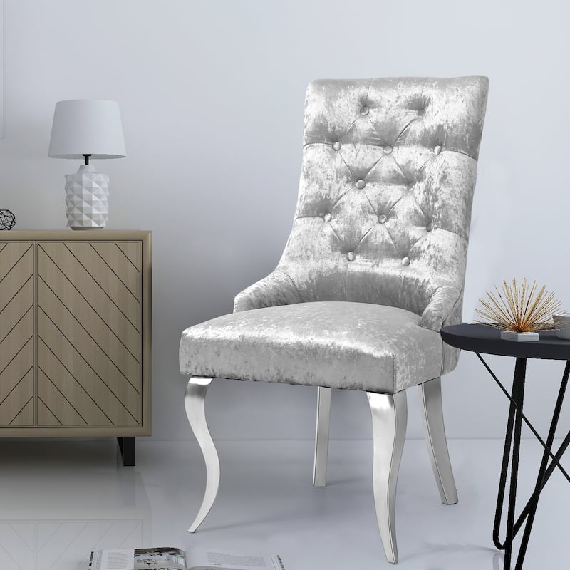 1x Tufted Velvet Dining Side Chair Wingback Upholstery Lion Knocker - 22x22x42 inch - Silver