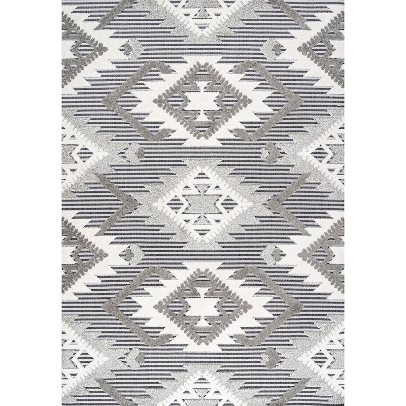 JONATHAN Y Duwun High-Low Pile Neutral Diamond Kilim Indoor/Outdoor Area Rug - 5 X 8 - Gray/White/Black