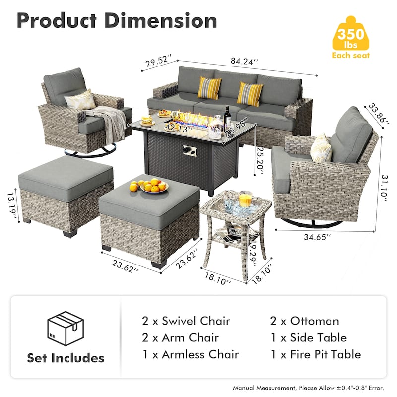 OVIOS 9 Pieces T shaped Seat Wide Armrest Swivel Chair Set With Fire Pit