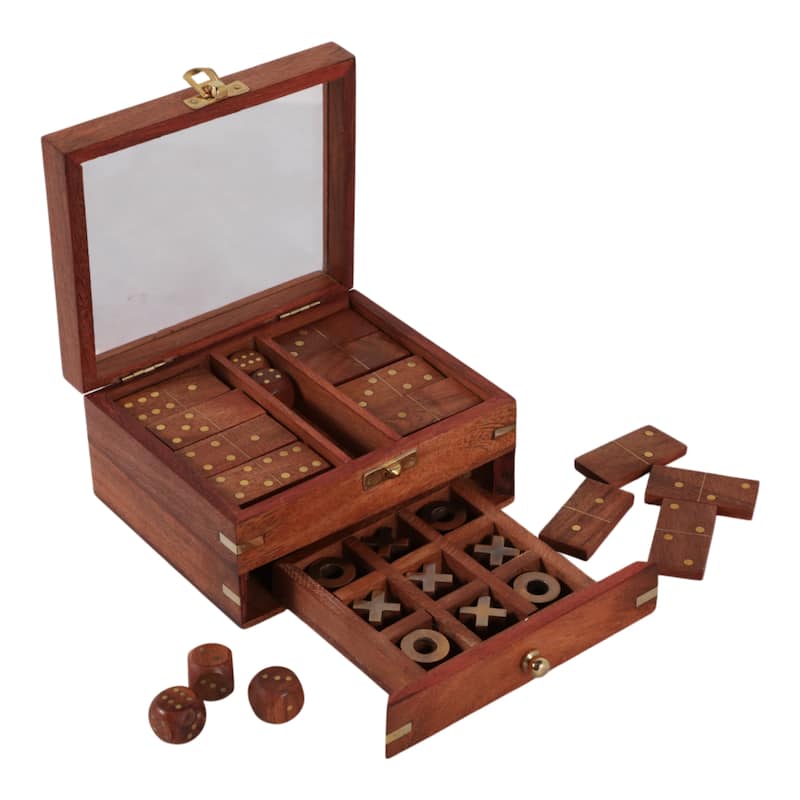 3 in 1 Classic Tabletop Game Set in Wooden Case Storage - 6", Brown & Gold - 6.0"