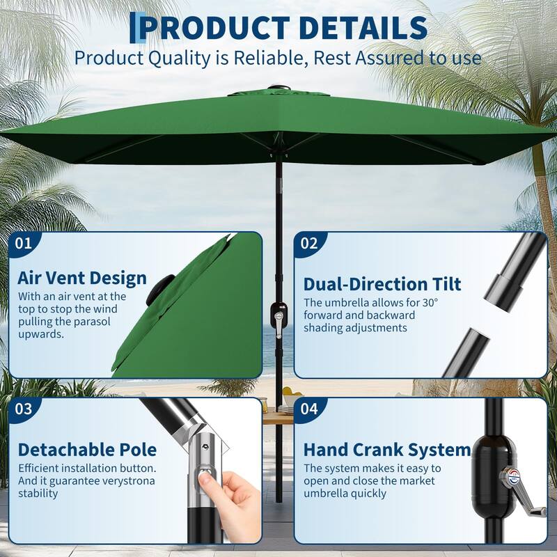 10'X6.5' Rectangular Outdoor Umbrella, with Crank & Push Button Tilt