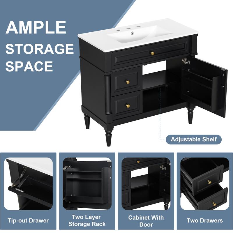 36" Bathroom Vanity with Sink, Freestanding Bathroom Cabinet with Ceramic Basin, Flip Drawer, Adjustable Shelf