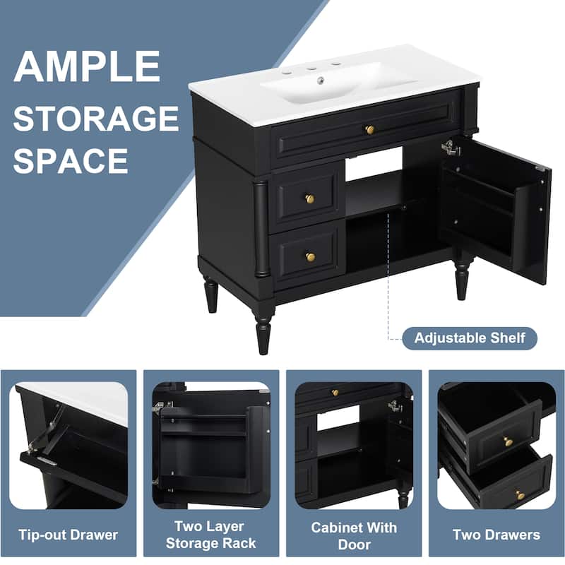 Modern 36-Inch Bathroom Vanity with Sink, Rubberwood and MDF Cabinet, Flip Drawer, Adjustable Shelf, and Storage Drawers