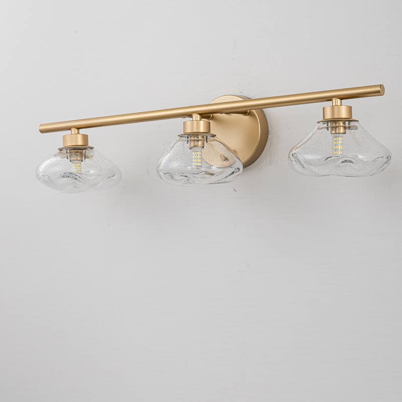 3-Light 24.4" Modern Black/Gold Bathroom Vanity Light with Stone-Shaped Seed Glass Shades