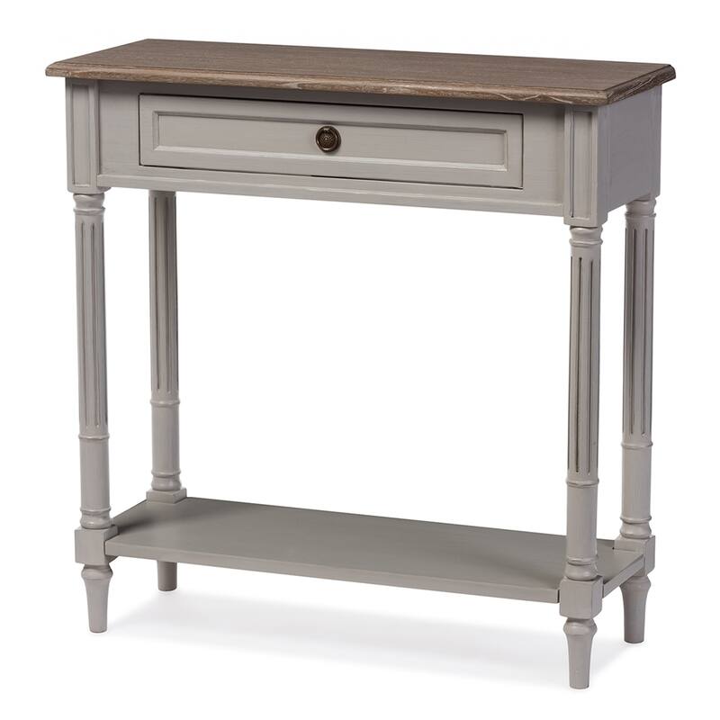 Edouard French Provincial Style White Wash Distressed Wood and Grey Two-tone 1-drawer Console Table - 31.2"H x 31.2"W x 11.7"L