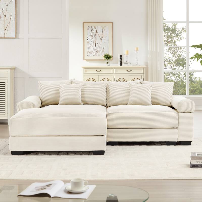 Roomfitters 82.6"/92" Modular L-Shape Sectional, Corduroy Cloud Couch with Ottoman & 6 Pillows