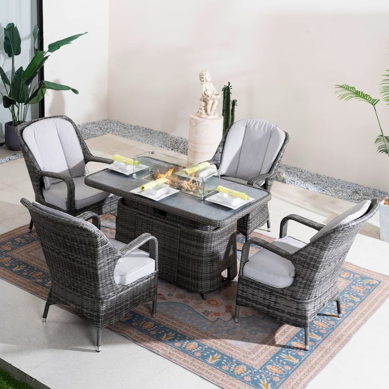 Modern 5-piece Aluminum Outdoor Hand-woven PE Rattan Dining Set with Adjustable Fire Pit Table - Grey