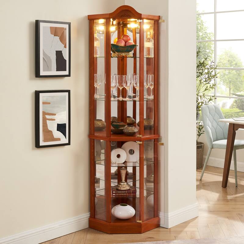 Corner Decoration Display Cabinet with Light, Adjustable Glass Shelves & Door