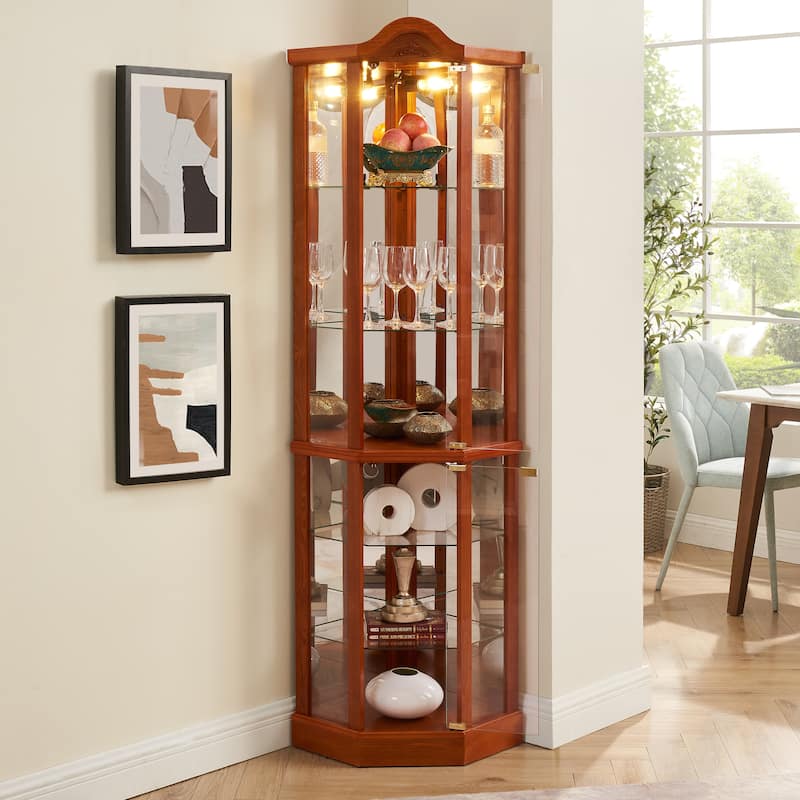 Roomfitters Wooden Corner Display Curio Cabinet, Lighted China Cabinet with Tempered Glass Door