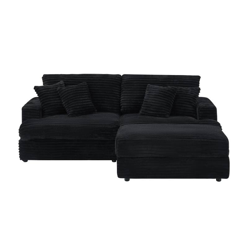 82-inch Black Corduroy Sofa with Storage Ottomans and 4 Pillows