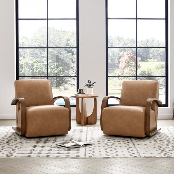 Eli Swivel Accent Chair with U-Shaped Wood Arm - Set of 2 - Cognac Brown&Walnut