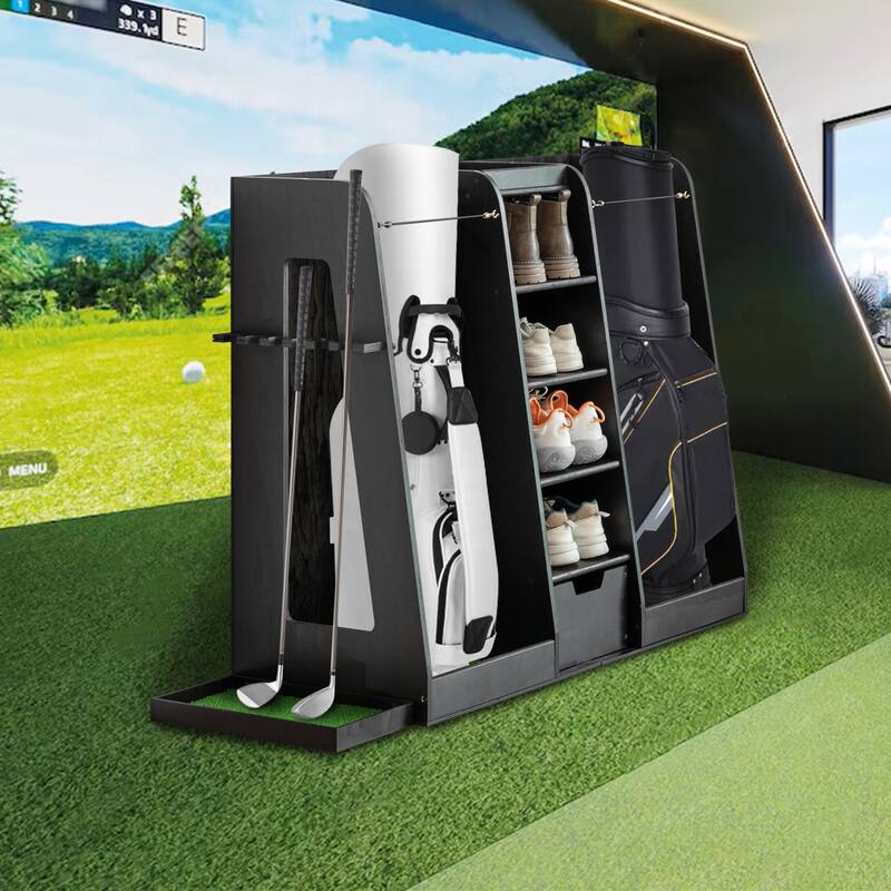 55.5"x16"x37" Wooden Golf Bag Storage Rack with Drawers - 2-Bag Organizer with Side Club Holders - 55.5" L x 16" W x 37" H