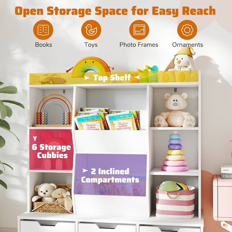White Kids Storage Cabinet with Drawers and Cubbies Wooden Toy Organizer and Bookshelf for Playroom or Bedroom - 44" x 16" x 47"