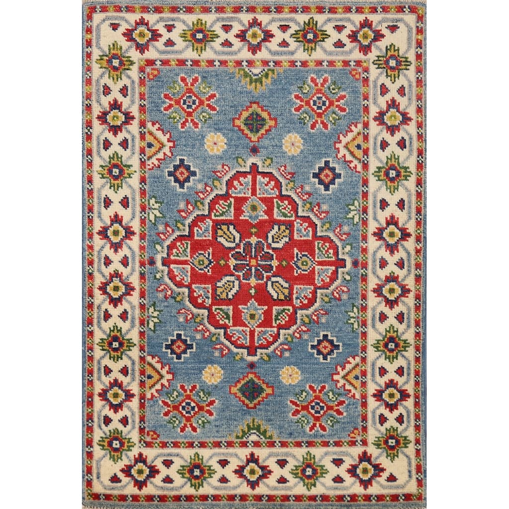 Geometric Blue Kazak Oriental Accent Foyer Rug Handmade Wool Carpet - 2'0"x 3'0"