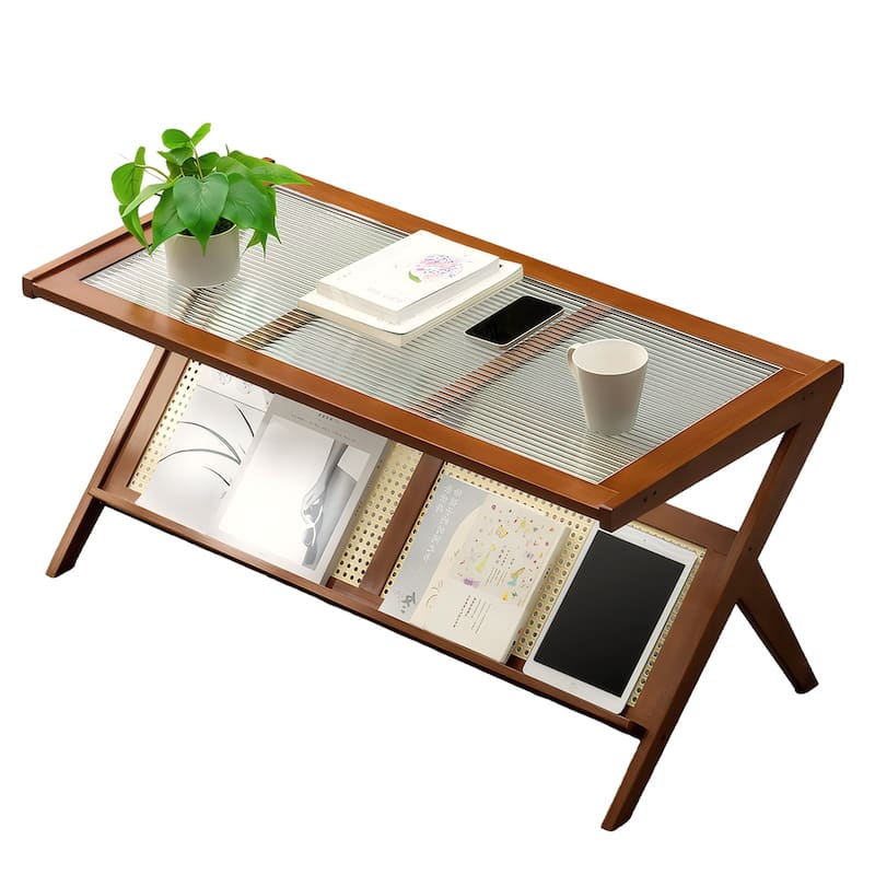 Rattan Coffee Tables for Living Room, Mid Century Modern Coffee Table with Glass Top, Large Boho Center Table with Storage