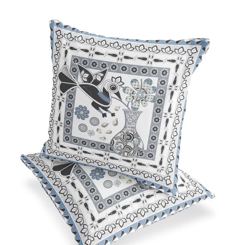 HomeRoots Set of Two 16" X 16" Black Gray and White Peacock Blown Seam Floral Indoor Outdoor Throw Pillow