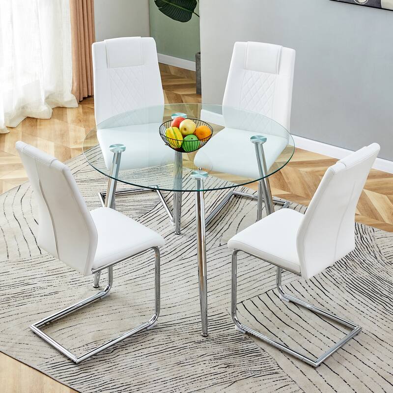 5-Piece Modern Glass Dining Table Set, 38" Round Table with Metal Legs & 4 High-Back PU Leather Chairs for Kitchen, Office - Transparent,White+Silver