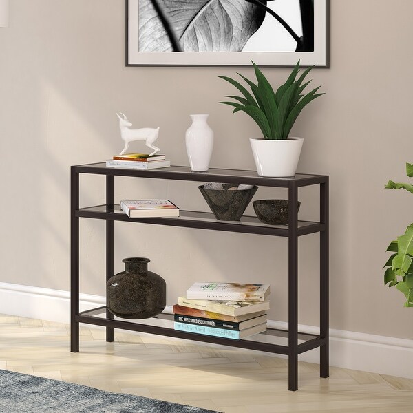 Sivil Rectangular Contemporary Metal/Glass Console Table in Blackened Bronze. Opens flyout.