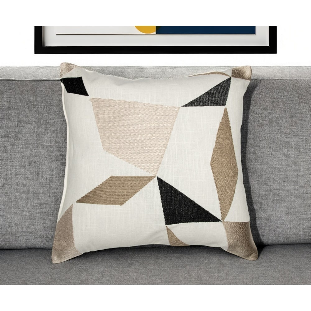 HomeRoots 24" Taupe and Ivory Geometric Cotton Blend Throw Pillow With Embroidery